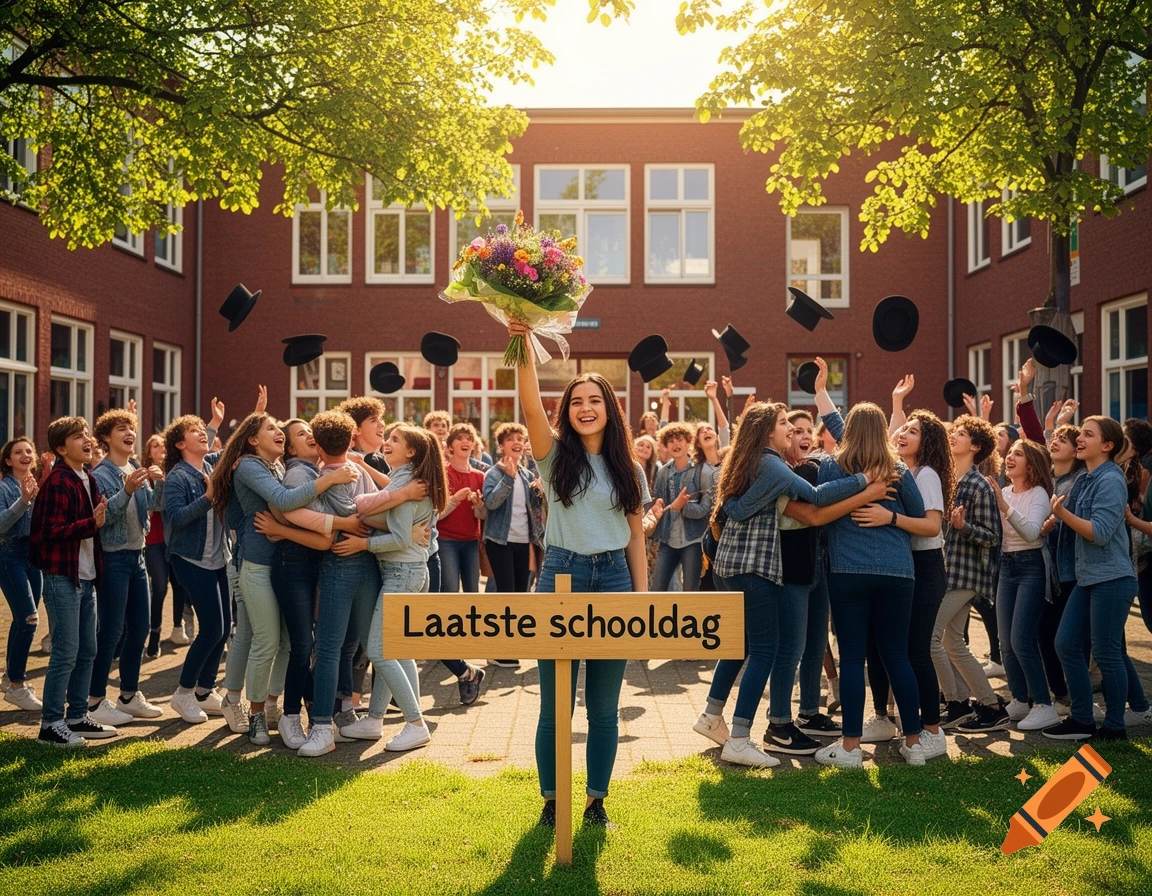 Happy students celebrate graduation in front of a brick school, throwing caps, a girl holds a bouquet and a 'Last school day' sign.
