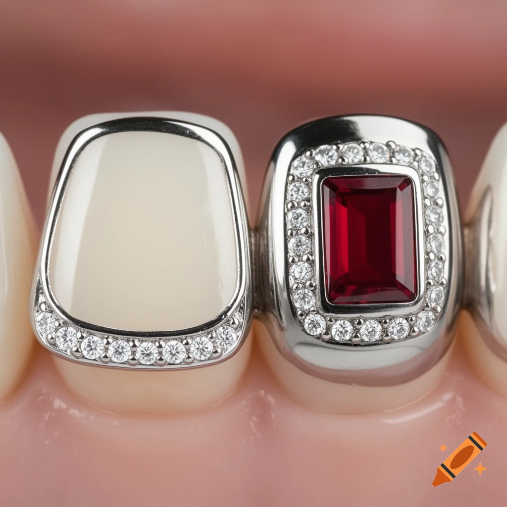 Close-up of two front teeth with decorative grillz. One tooth has a silver outline with diamonds, the adjacent tooth has a full silver cap with a red ruby in the center surrounded by diamonds.