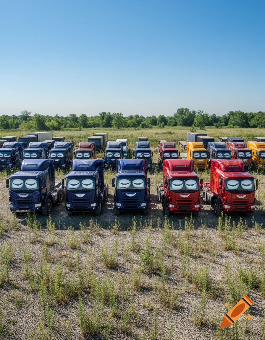 A large fleet of blue and red semi-trucks with cartoon sleeping faces, parked on a gravel lot under a clear blue sky.