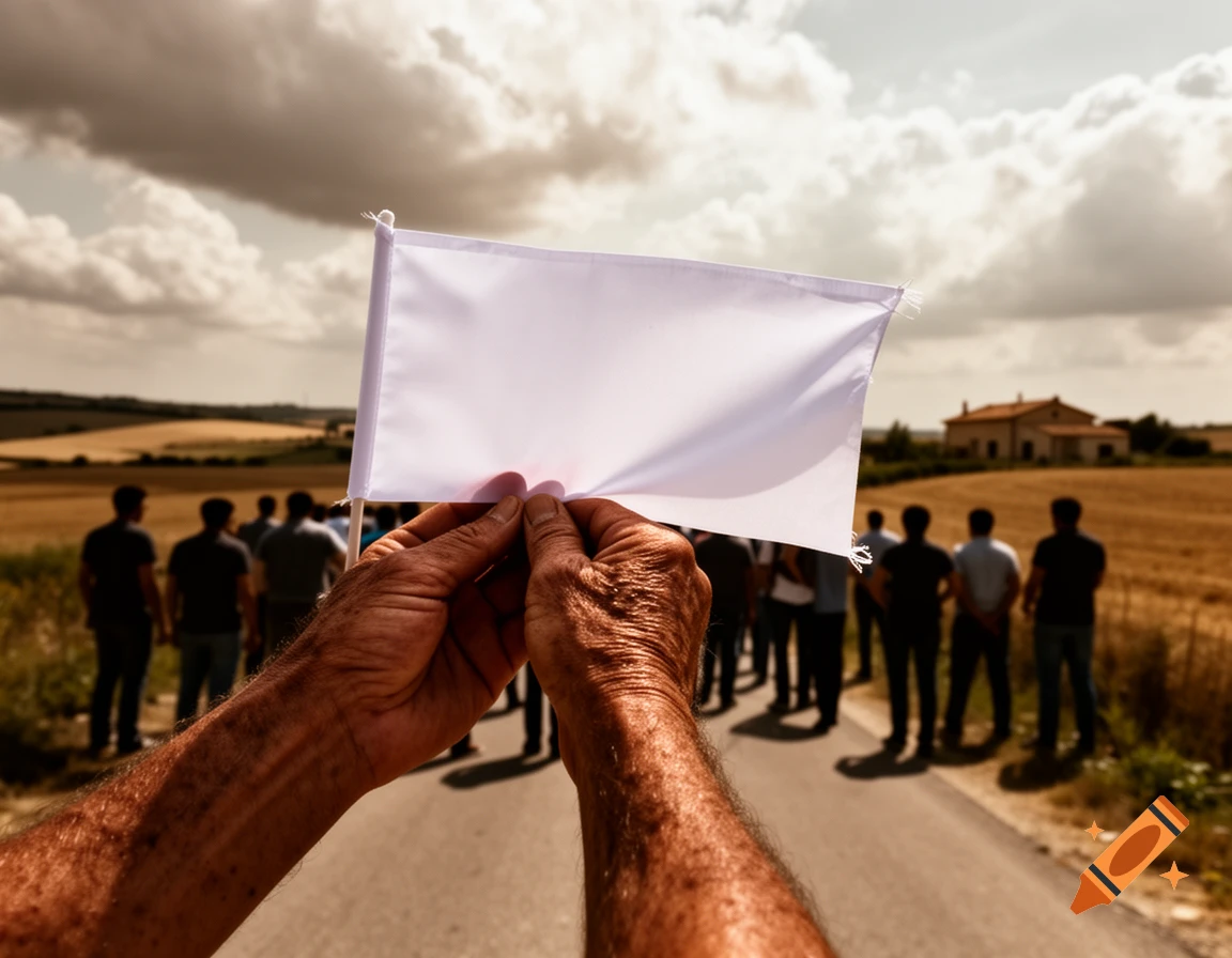 Close-up of weathered hands holding a white flag, with a protest of agricultural workers on a rural road under a cloudy sky in the background.