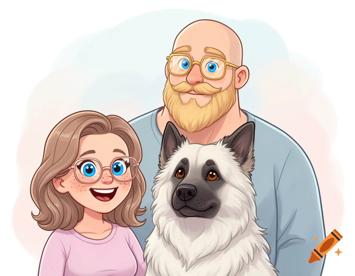 A cartoon portrait of a smiling woman, a bald man with a beard, and a white dog with black markings.