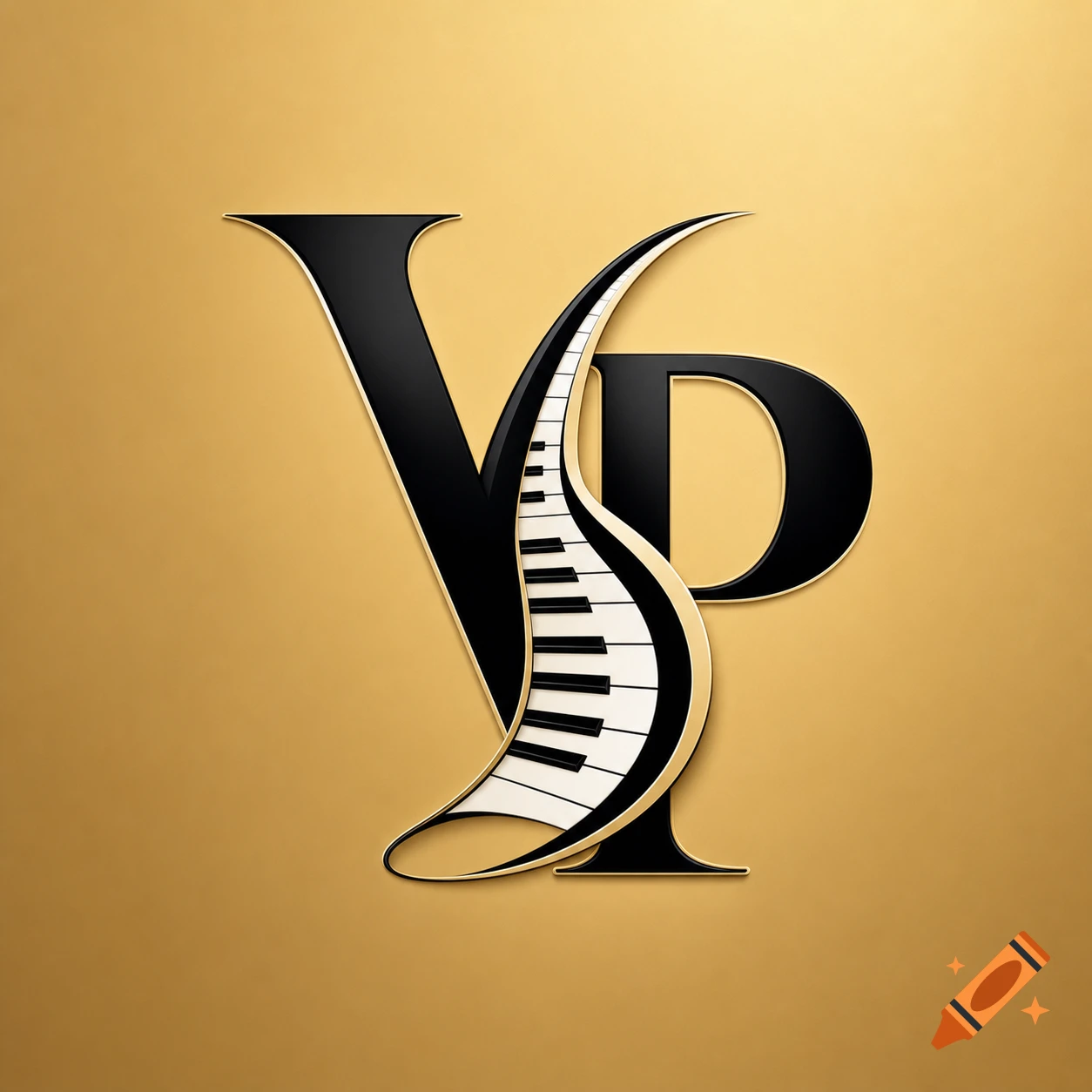 Stylish black and gold logo featuring letters V and P, with a piano keyboard integrated into the V, on a golden background.