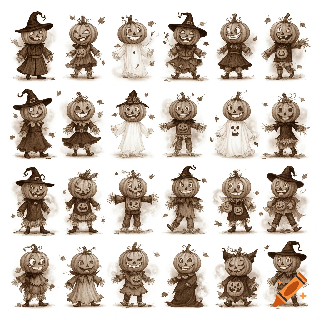 A grid of 24 sepia-toned, cartoon-style pumpkin-headed Halloween characters with various outfits and expressions, on a white background with scattered leaves.