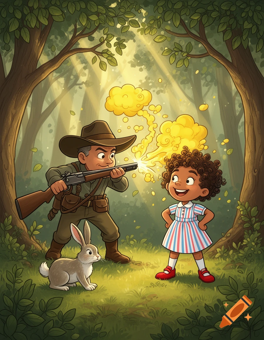 A cartoon hunter aims a rifle emitting yellow smoke at a smiling girl in a striped dress, with a rabbit watching in a sunlit forest.