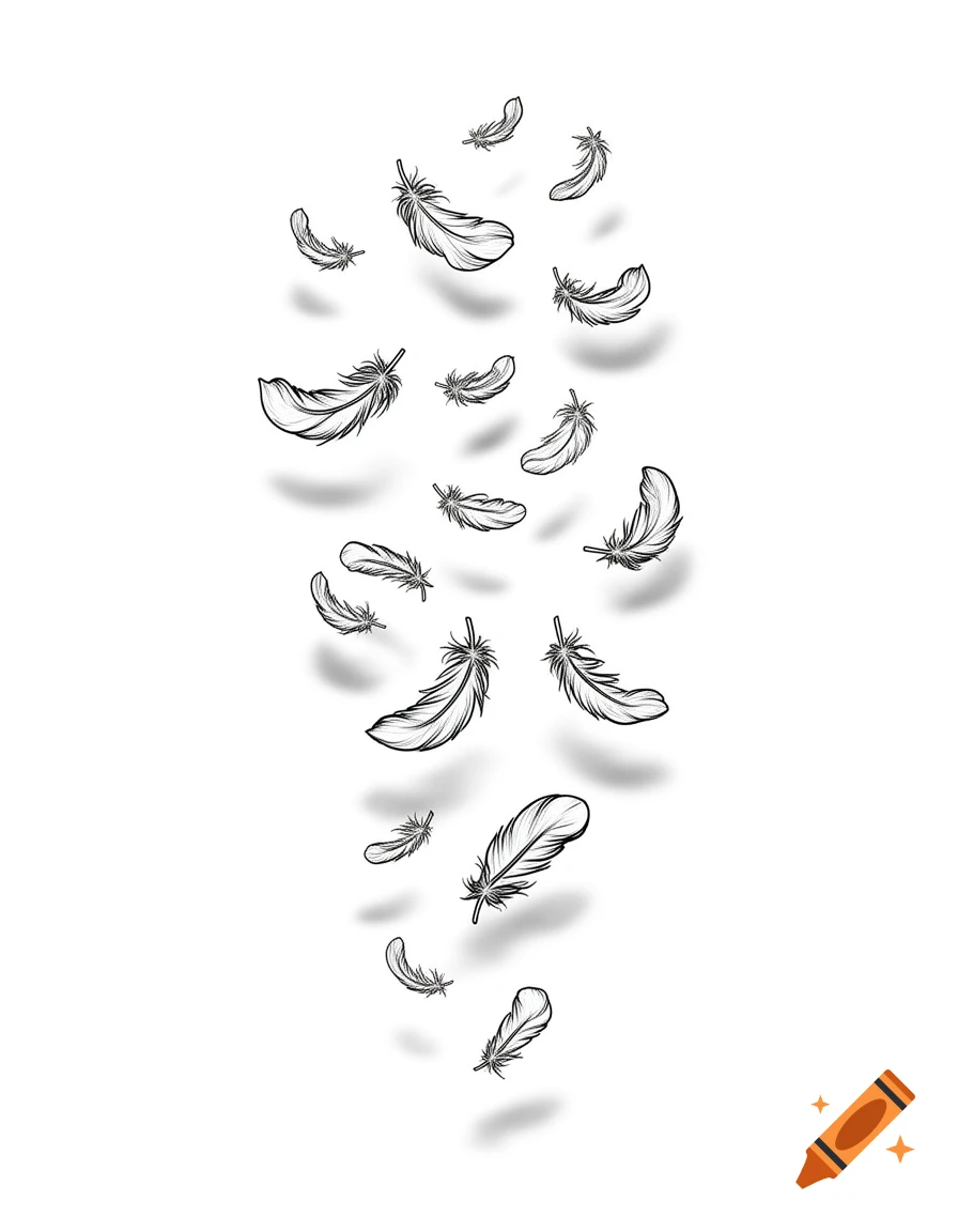 Simplified black outline cartoon feathers with shadows falling on a white background.