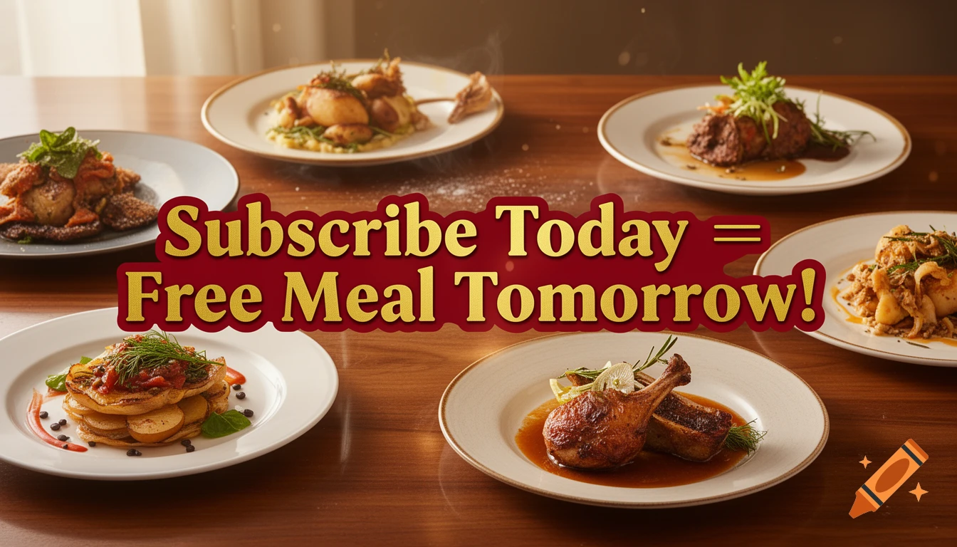 A table laden with various gourmet dishes, featuring a prominent overlay text 'Subscribe Today = Free Meal Tomorrow!' in red and gold.