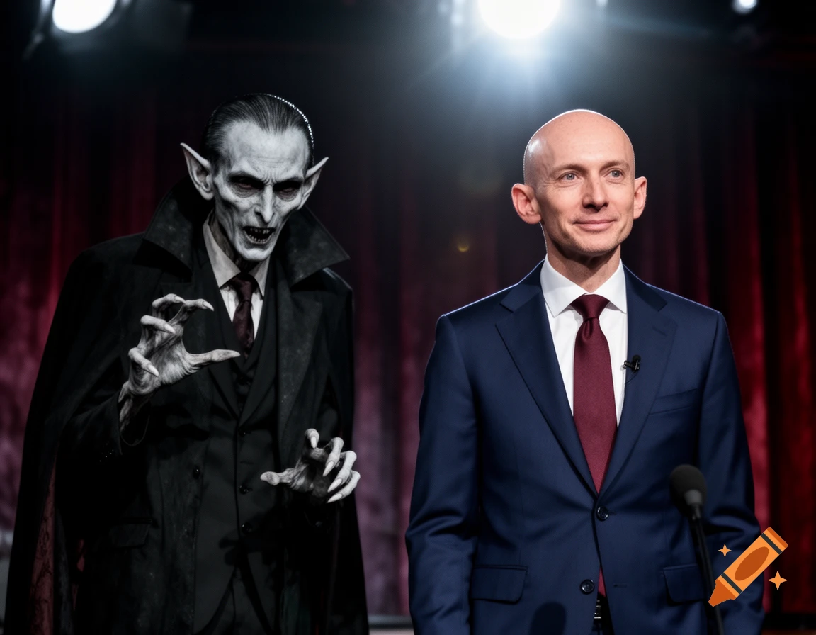 Adam Silver smiles in a suit next to a menacing Nosferatu vampire with clawed hands on a stage, photorealistic.