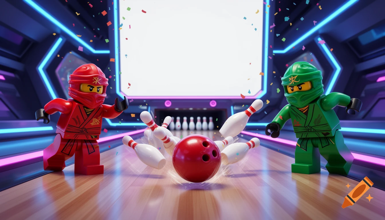 Lego Ninjago characters, a red and a green ninja, playing bowling in a futuristic alley with neon lights and confetti.