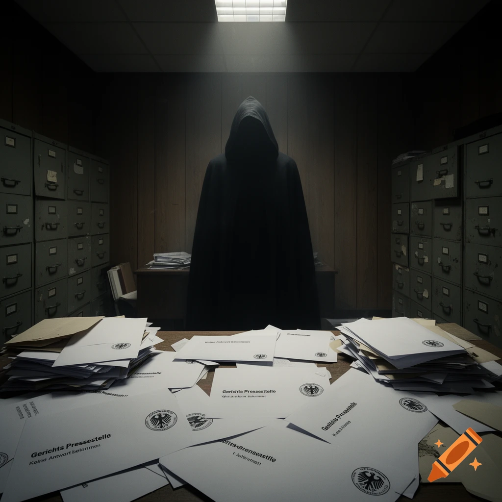 A dark, cloaked figure stands ominously in a dimly lit office behind a desk piled with documents and file cabinets.