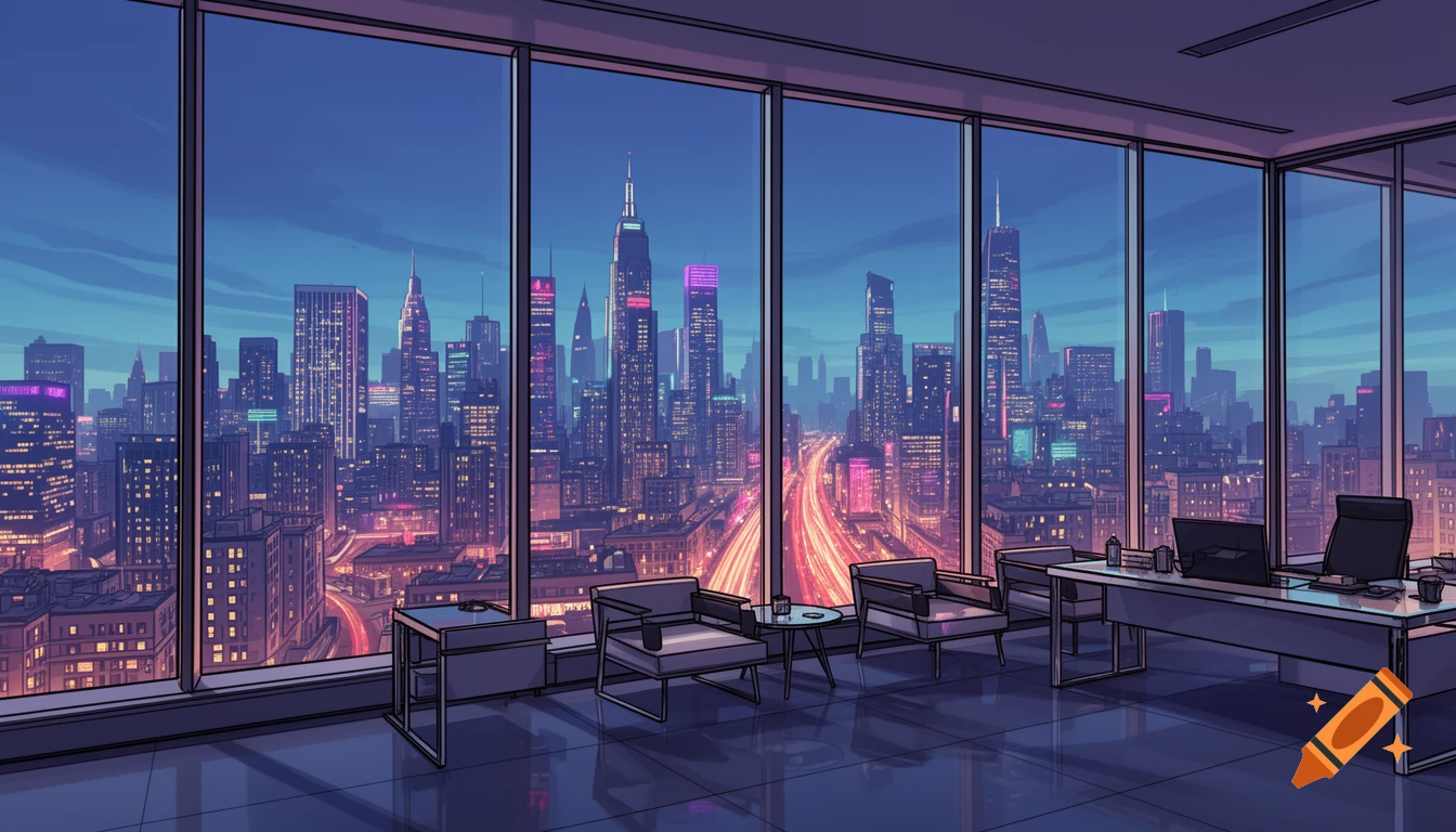 Anime illustration of a vibrant city skyline at night, viewed from a high-rise office window with modern furniture.