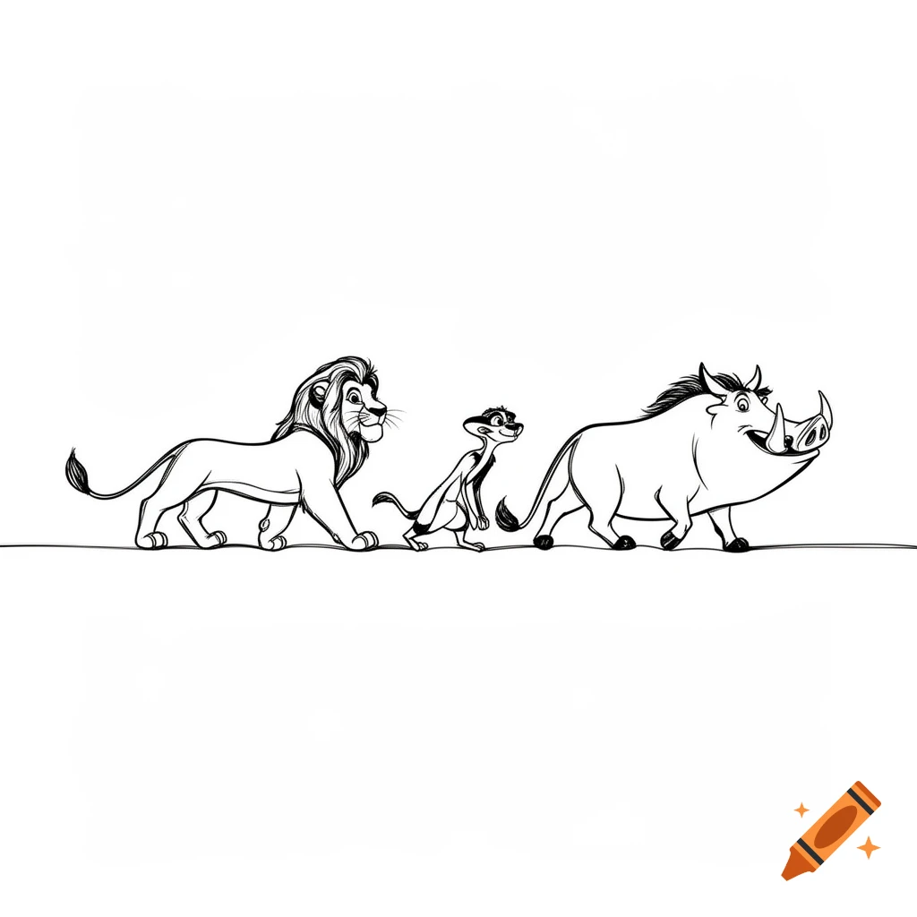 A black and white line drawing of a lion, a meerkat, and a warthog walking together in a continuous line on a white background.