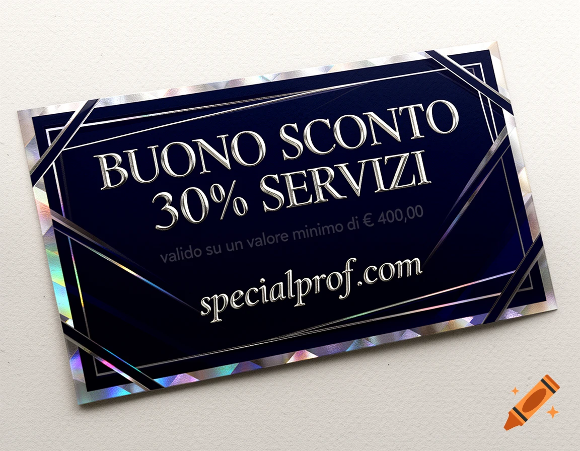 A dark blue discount voucher with holographic silver borders and text for 30% off services.