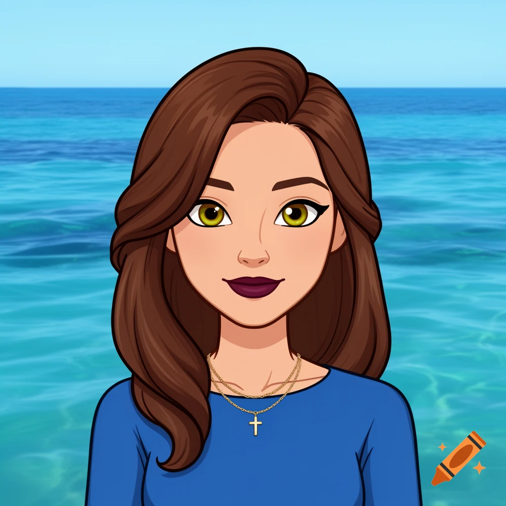 Cartoon avatar of a woman with long brown hair, hazel eyes, dark lipstick, a blue top, and a cross necklace, against a blue sea background.