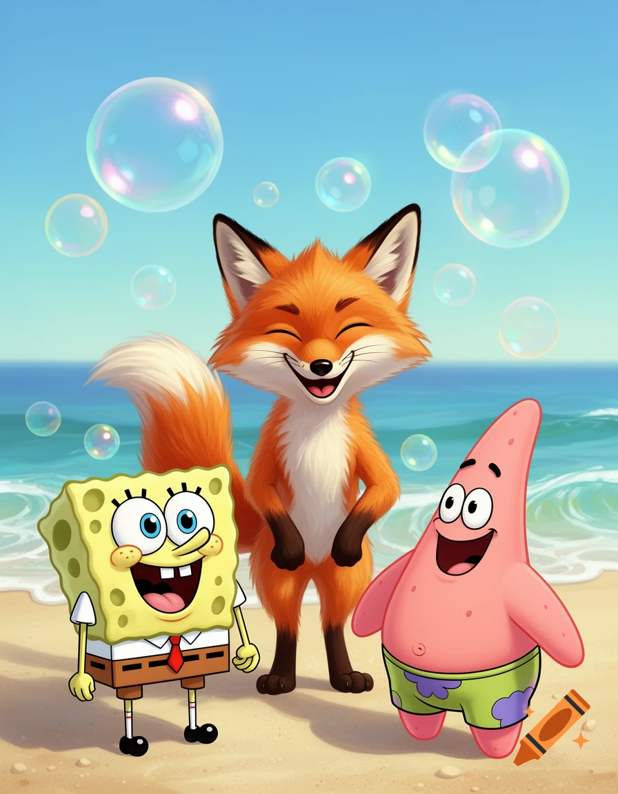 A cute fox, SpongeBob, and Patrick stand on a sunny beach with bubbles floating in the blue sky.