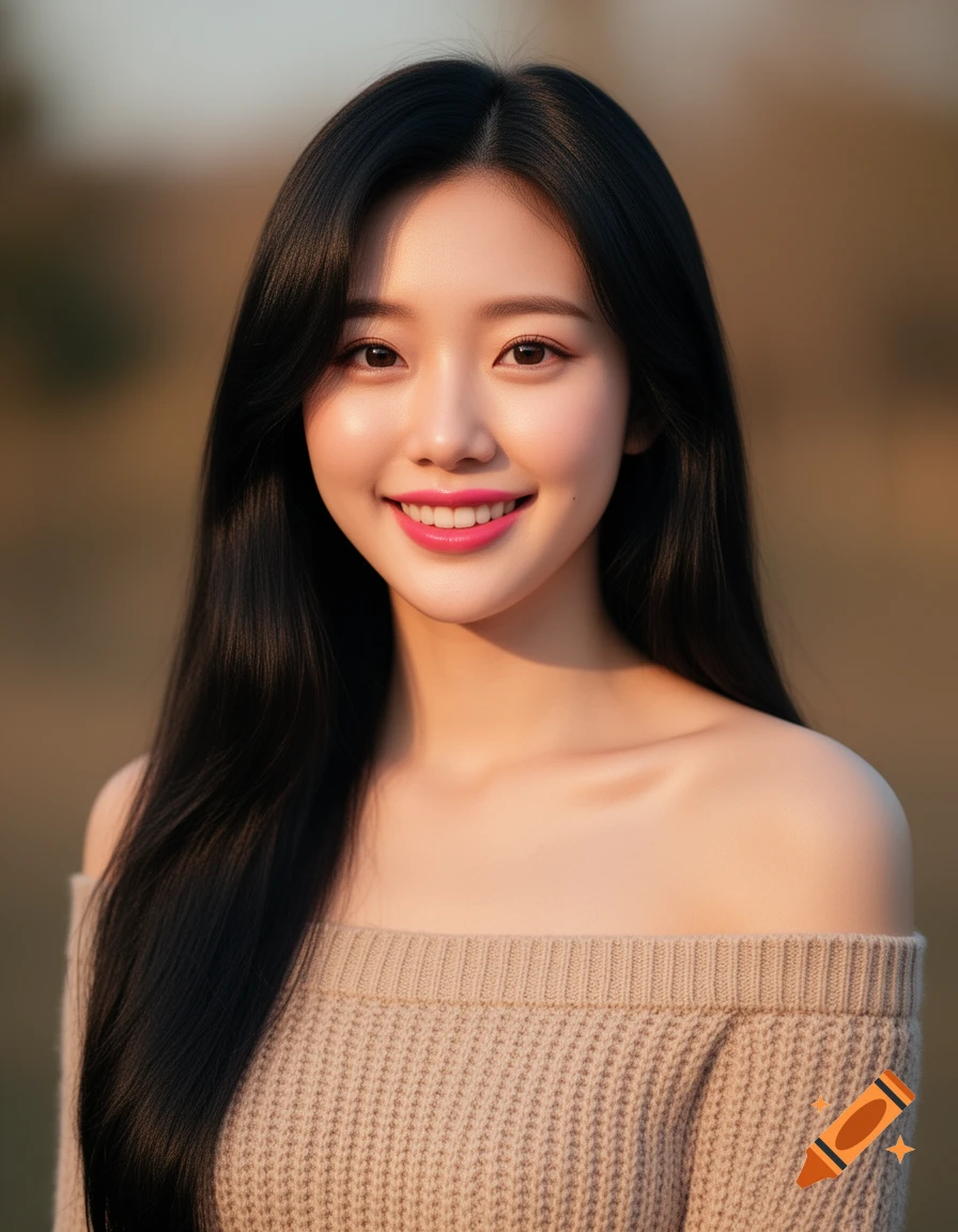 A smiling young Korean woman with long black hair wearing an off-shoulder knit sweater, bathed in golden hour light.