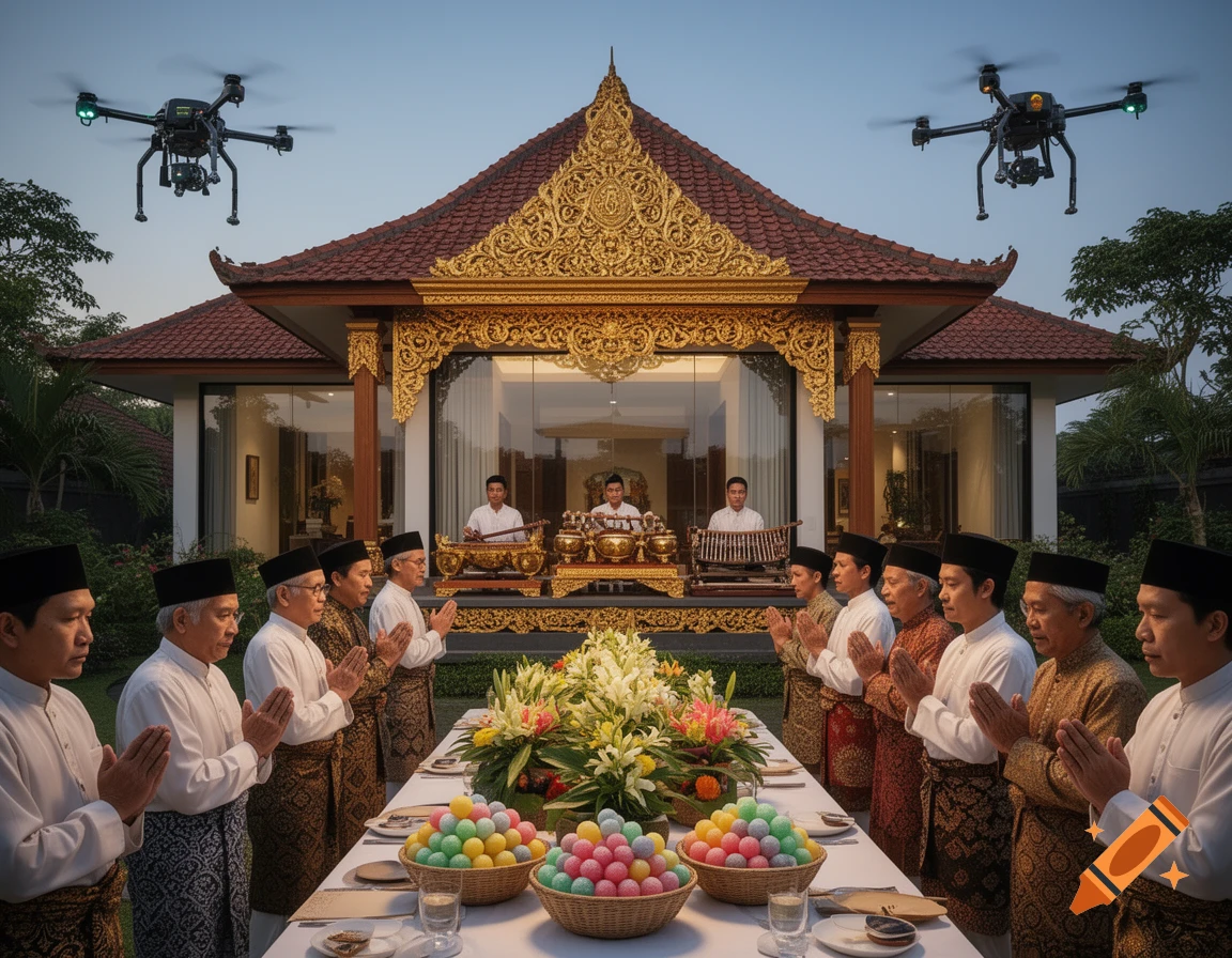 A Javanese ceremony with men in traditional attire performing 'sembah' in front of a grand, modern bungalow with gold ornamentation, a table of offerings, and two drones hovering overhead.