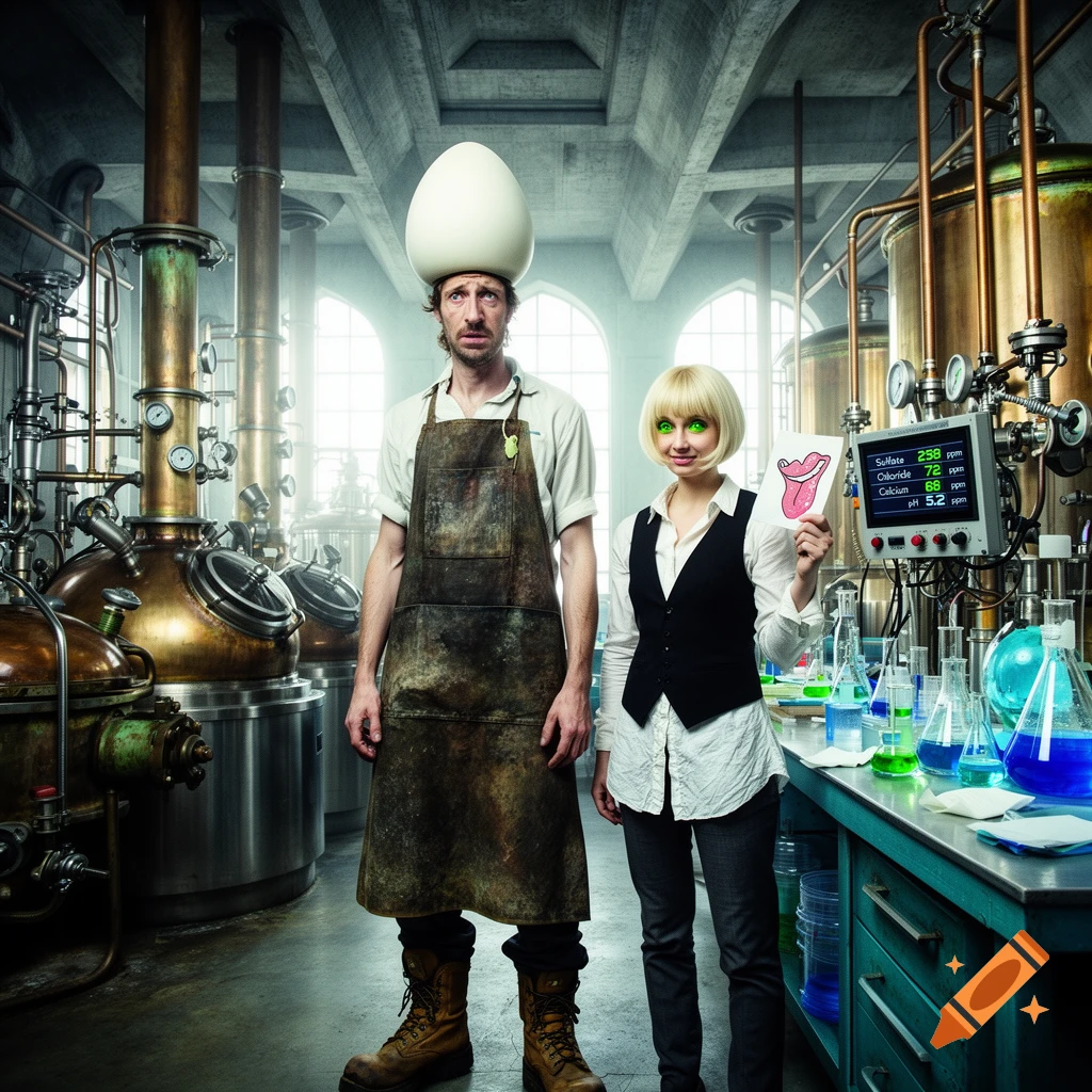 Two people, a man with an egg hat and a woman with bright green eyes, stand in a futuristic industrial brewery with copper equipment and laboratory glassware.