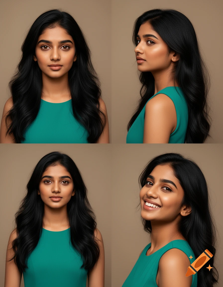 Four photorealistic portraits of a young South Indian woman with long black hair, wearing a teal top, showing front, side, and three-quarter views.