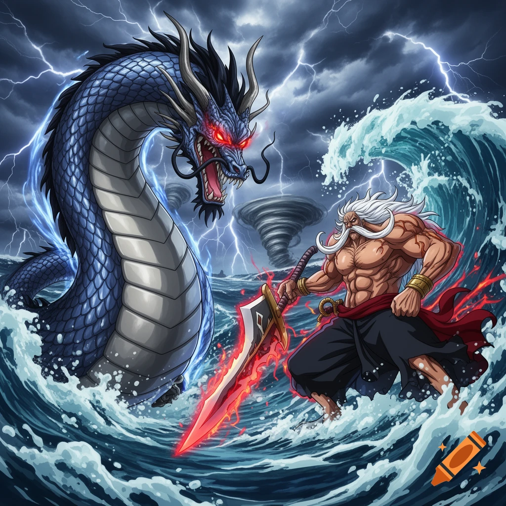 Anime-style illustration of a muscular warrior with a flaming sword battling a blue dragon in a stormy ocean with lightning and tornadoes.