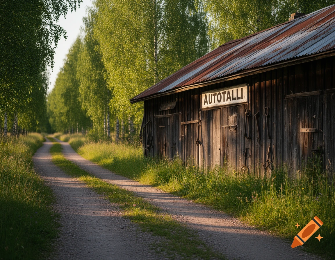 A dirt road leads through a lush, tree-lined path next to an old wooden shed with a rusted roof in a rural setting, photorealistic.