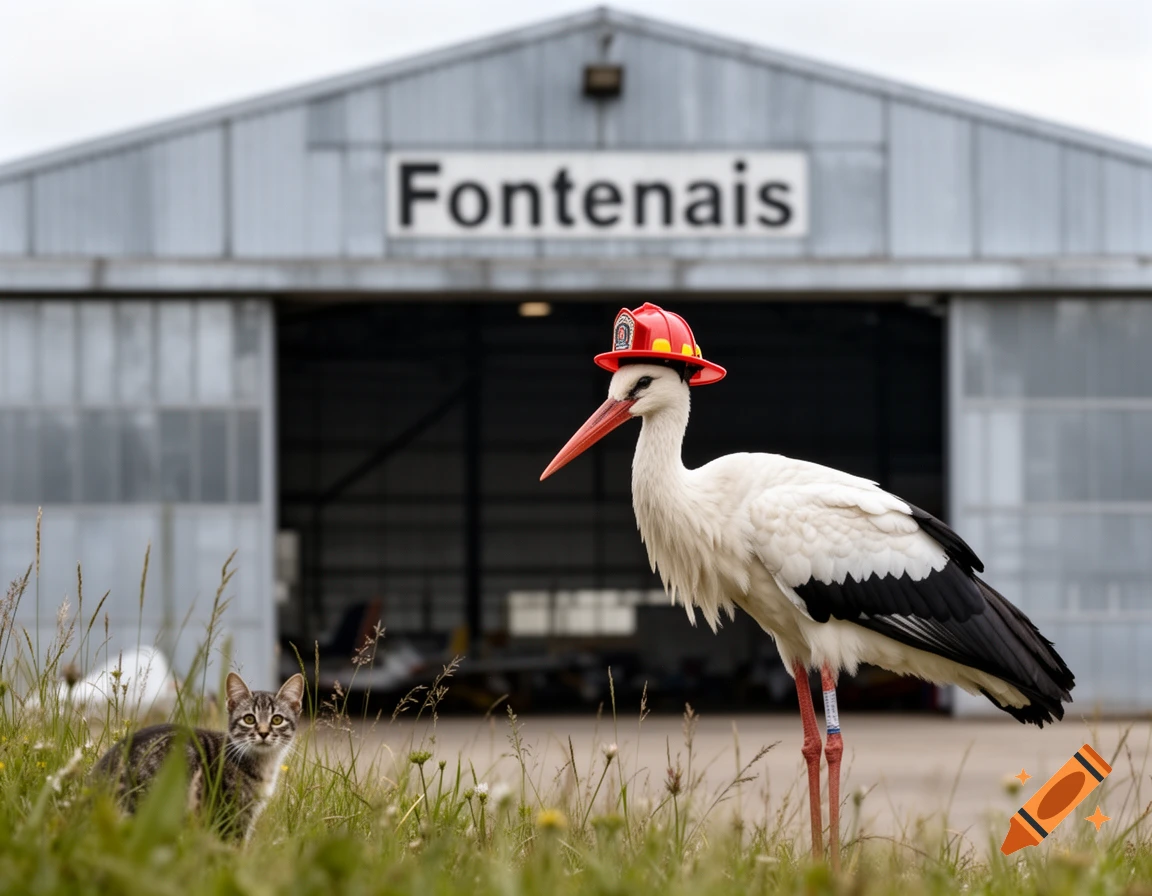 A white stork wearing a red firefighter helmet stands in green grass, with a tabby cat peeking from the left. A grey hangar labeled "Fontenais" is in the background.