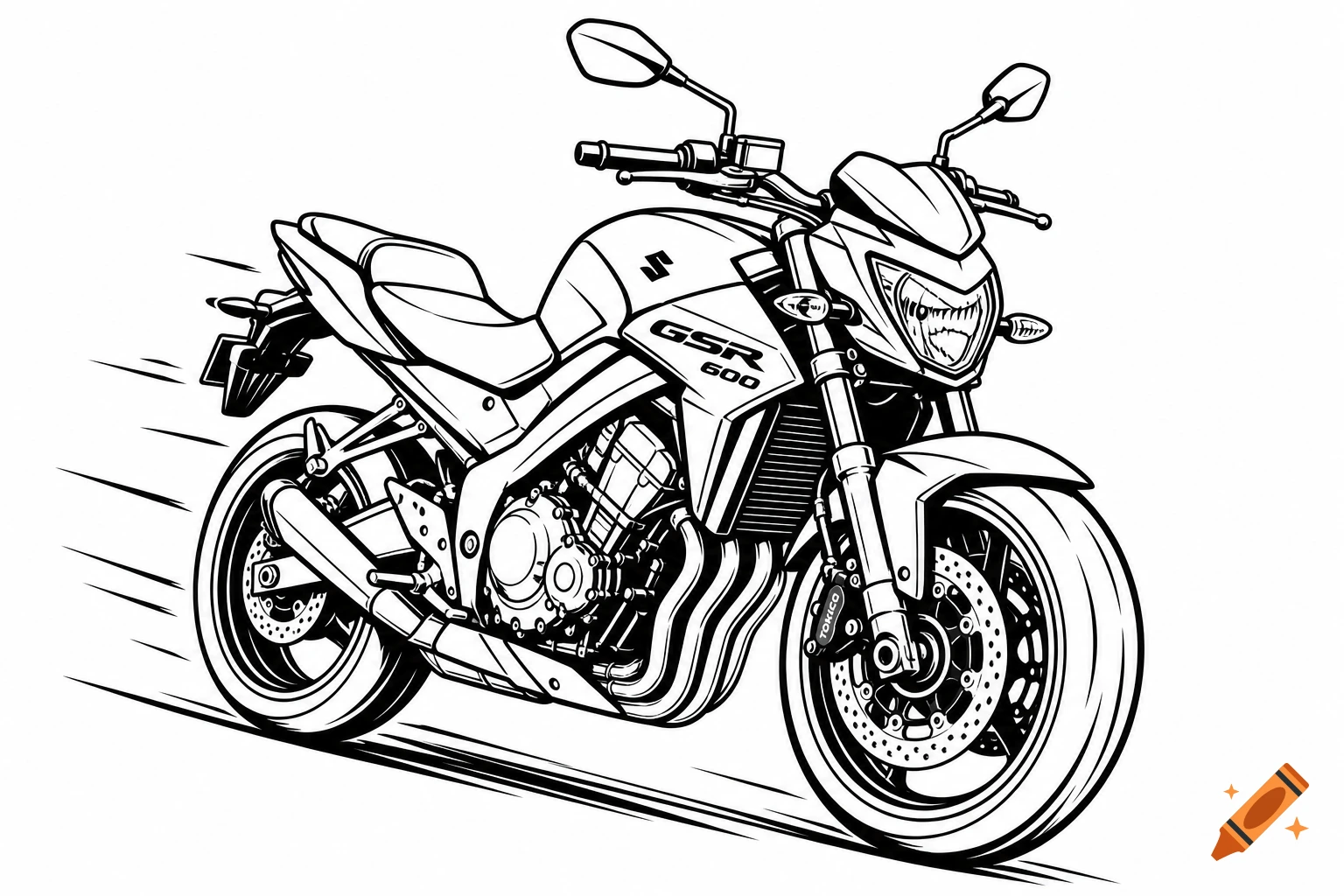 Black and white line art illustration of a Suzuki GSR 600 motorcycle with motion lines.