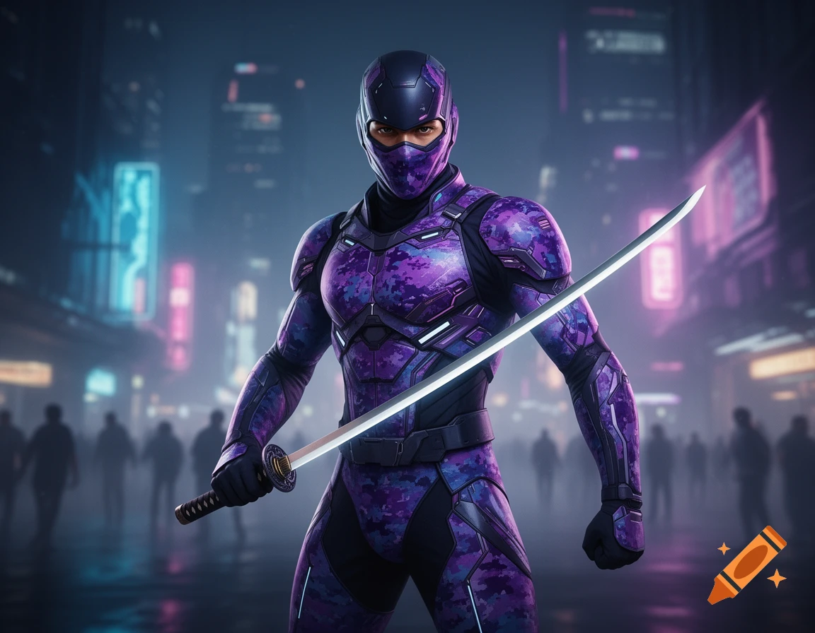 A cyber ninja in a purple and black armored suit holds a katana sword in a futuristic city at night, illuminated by neon lights.