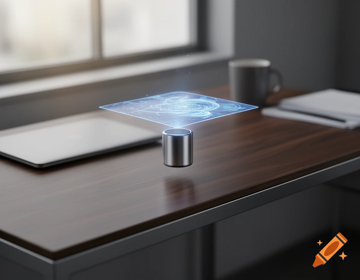A small metallic cylinder projects a blue holographic display on a wooden desk with a tablet, mug, and window in the background.
