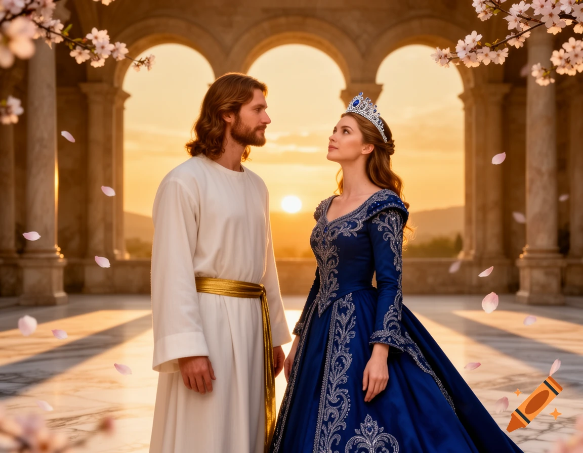 A man in white robes and a princess in a blue gown stand facing each other under archways with cherry blossoms at sunset, photorealistic.