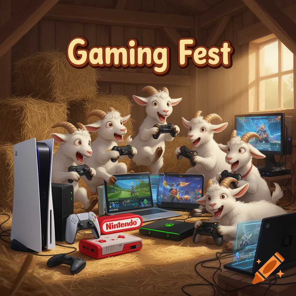 Seven happy cartoon goats enthusiastically play video games on consoles, laptops, and monitors in a cozy barn setting with hay bales, under a "Gaming Fest" banner.