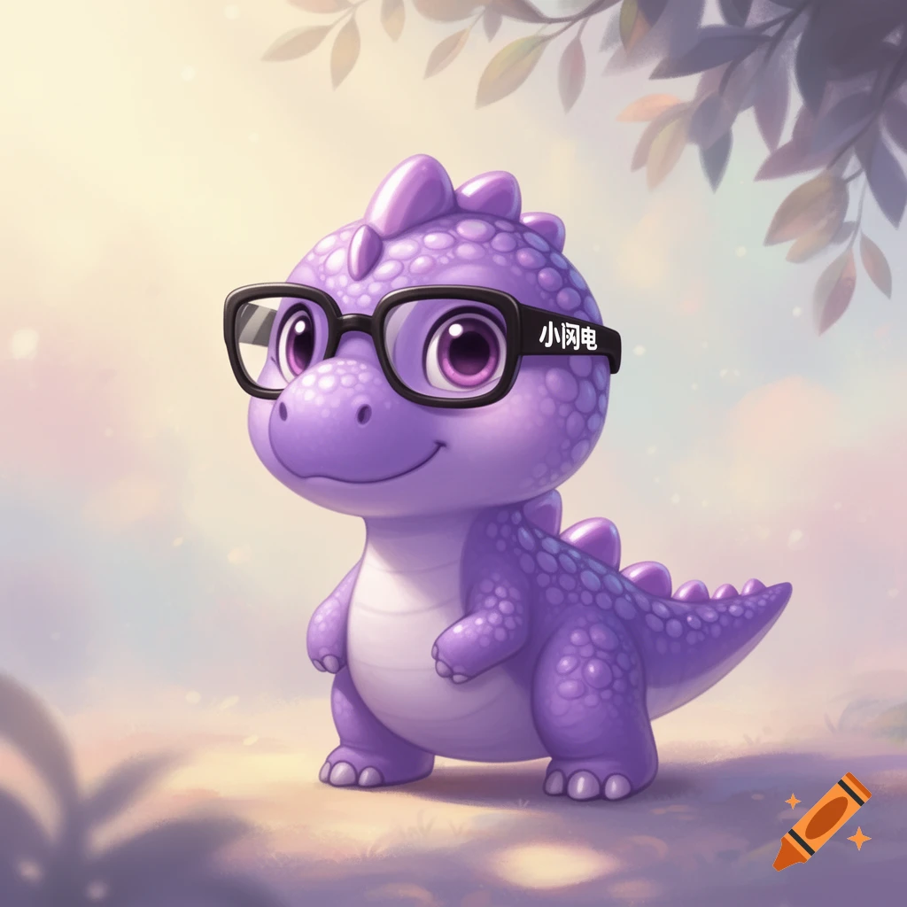 A cute, purple cartoon dinosaur wearing black-rimmed glasses with Chinese text, in a soft, dreamy outdoor illustration.