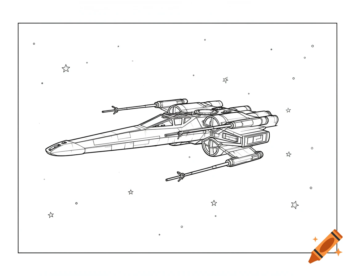 Line art drawing of a Star Wars X-wing spaceship in space with scattered stars, presented as a coloring page.