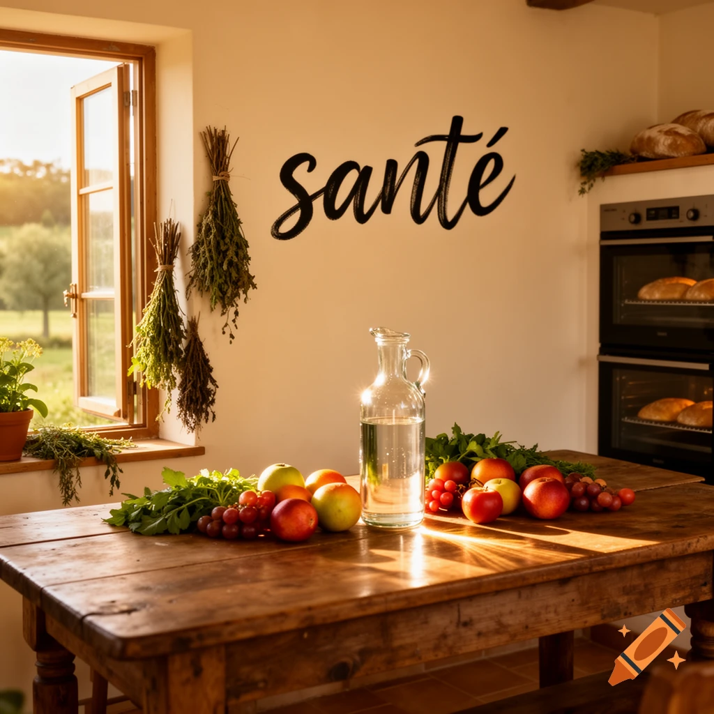 A rustic kitchen with fresh fruits, water, and 'santé' on the wall, bathed in warm sunlight. Photorealistic.