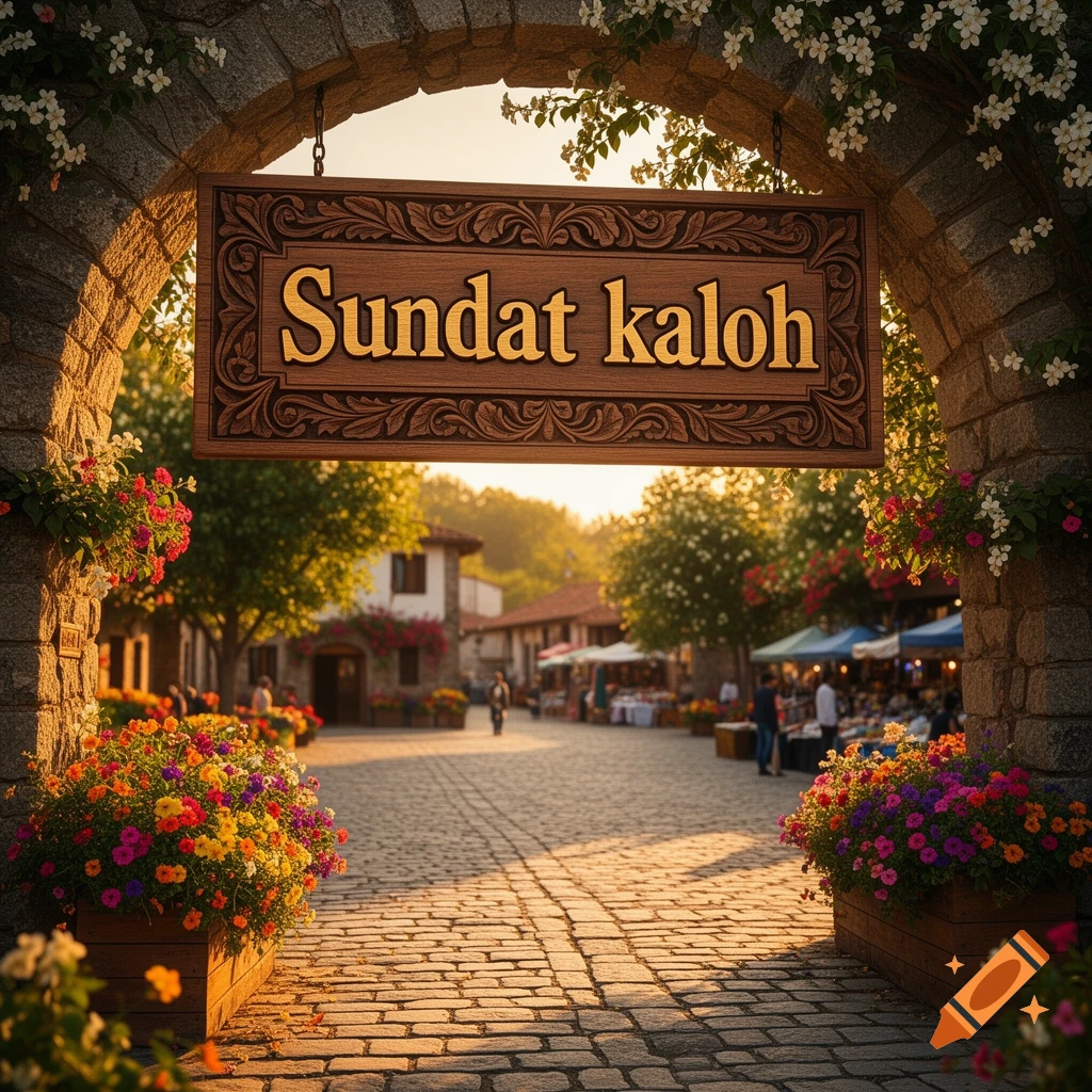 A stone archway with a wooden sign reading 'Sundat kaloh' overlooks a vibrant market street filled with colorful flowers under a warm sunset.