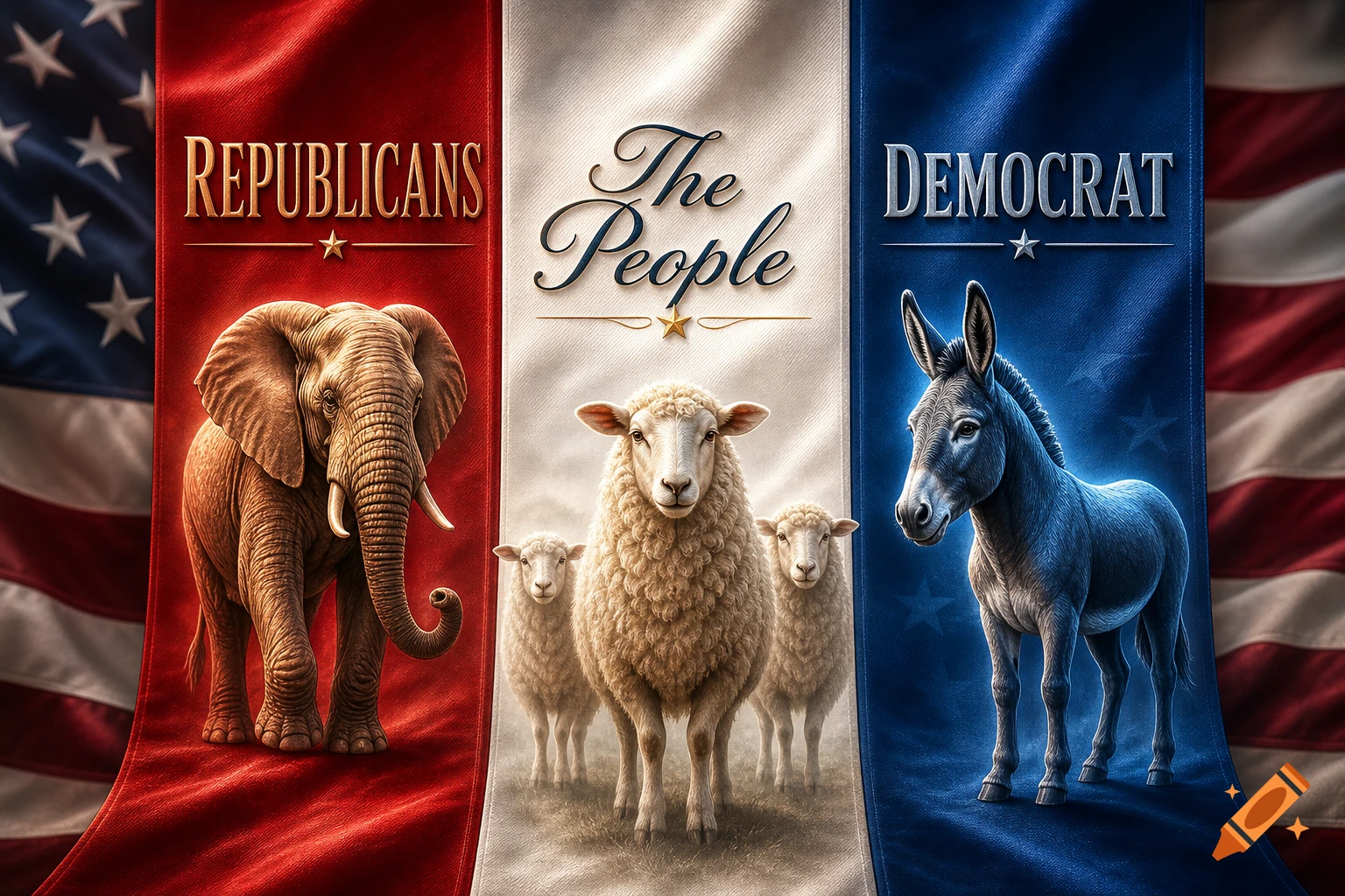 Three vertical banners with an American flag background. A republican elephant is on the red banner, sheep are on the white banner for 'The People', and a democrat donkey is on the blue banner.