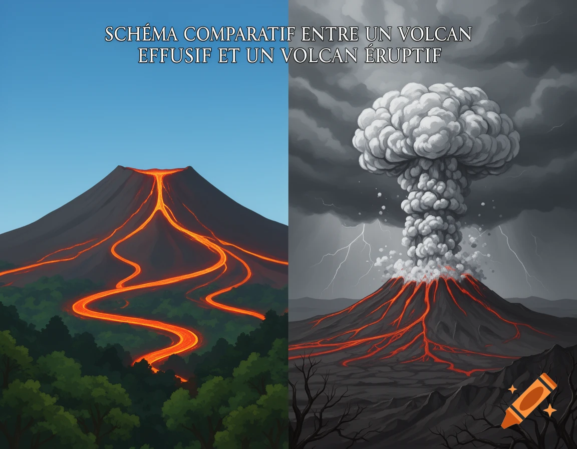 Comparative diagram showing an effusive volcano with lava flowing down green slopes on the left, and an eruptive volcano with a massive ash cloud and lightning against a dark sky on the right.