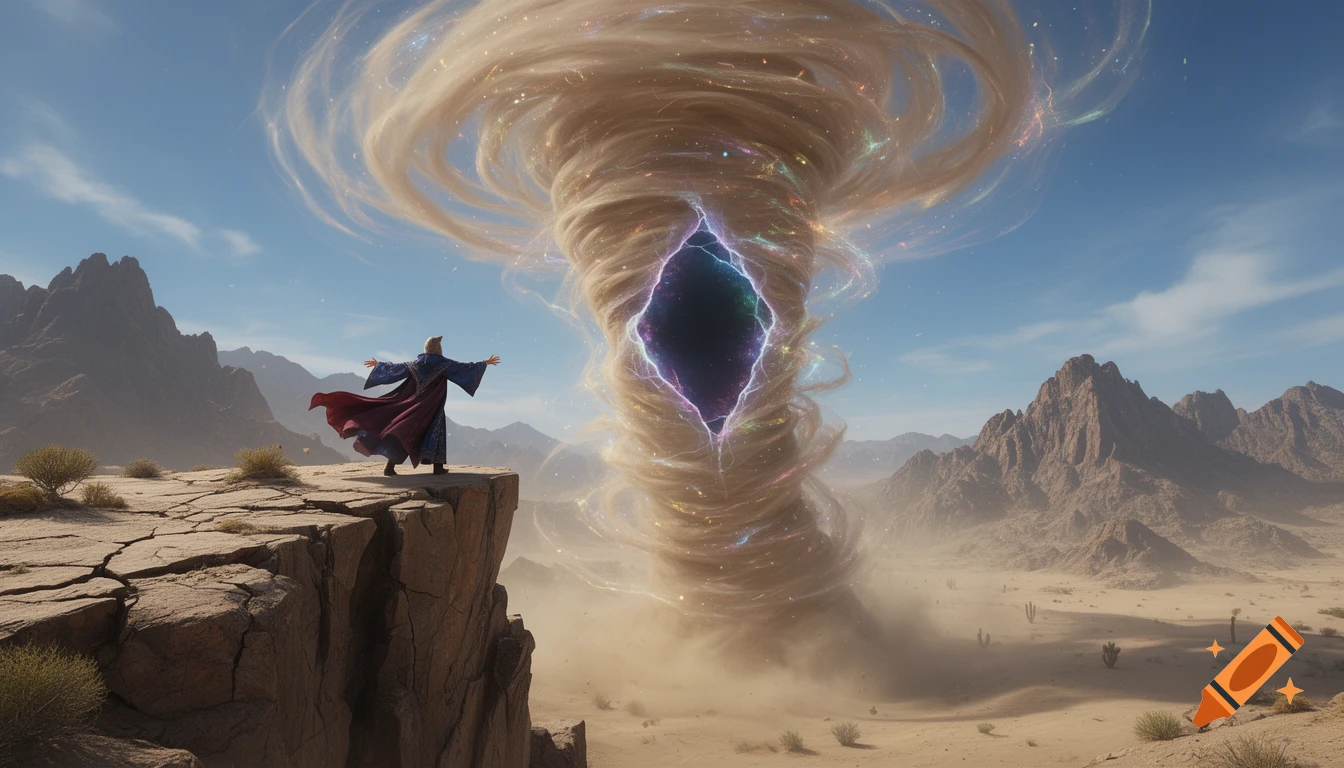 A wizard on a cliff overlooking a desert conjures a massive, sparkling tornado with a glowing rift at its center.