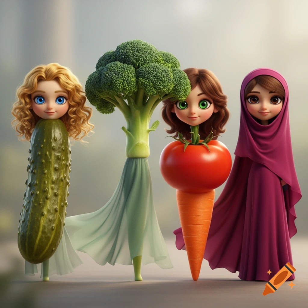 Four 3D cartoon-style girls with vegetable bodies: a blonde cucumber, a broccoli, a brown-haired tomato and carrot, and a girl in a pink hijab.