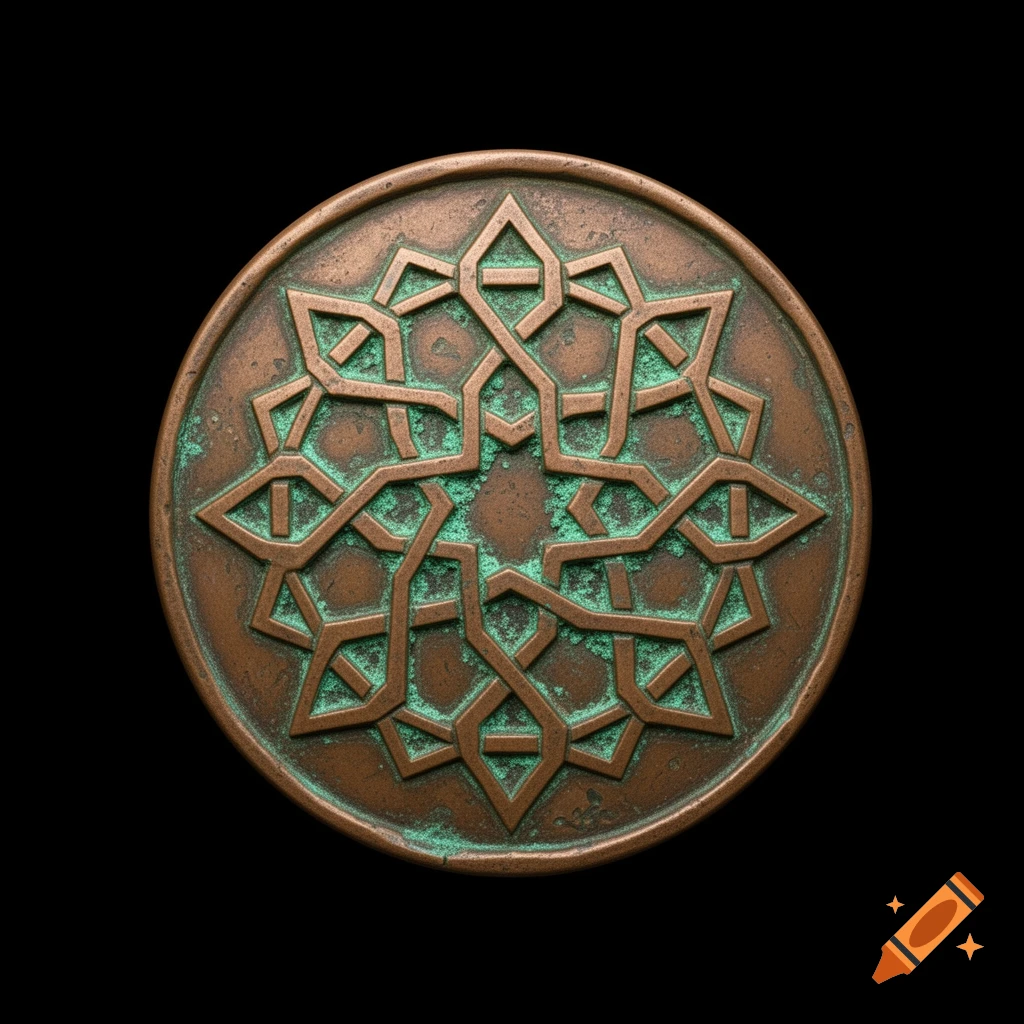 An old, round copper plaque with an intricate Islamic geometric design, featuring green verdigris, set against a black background.