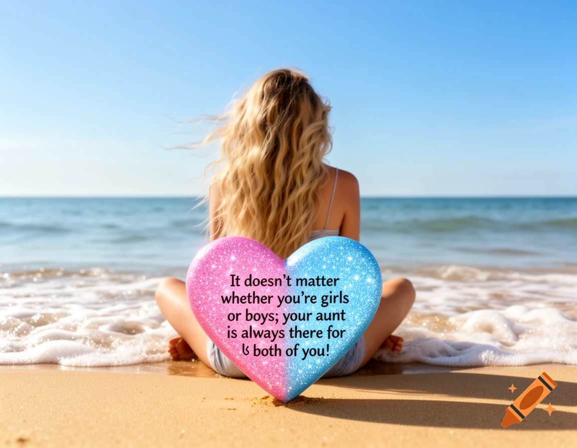 A woman with blonde hair sits on a sandy beach, facing the ocean, with a glittery pink and blue heart in the foreground displaying a quote.