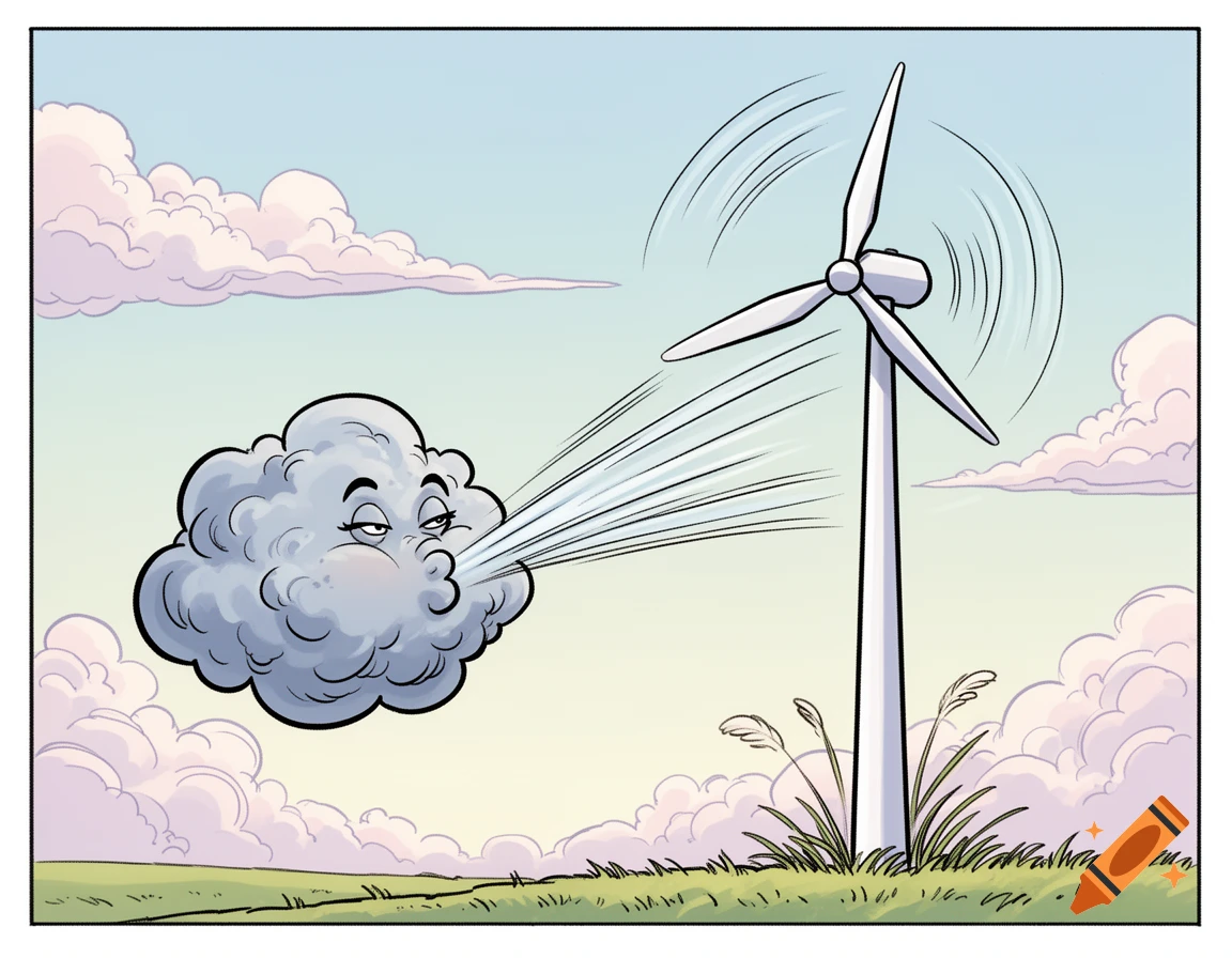 A cartoon cloud with a face blows wind at a spinning wind turbine in a grassy field under a cloudy sky.