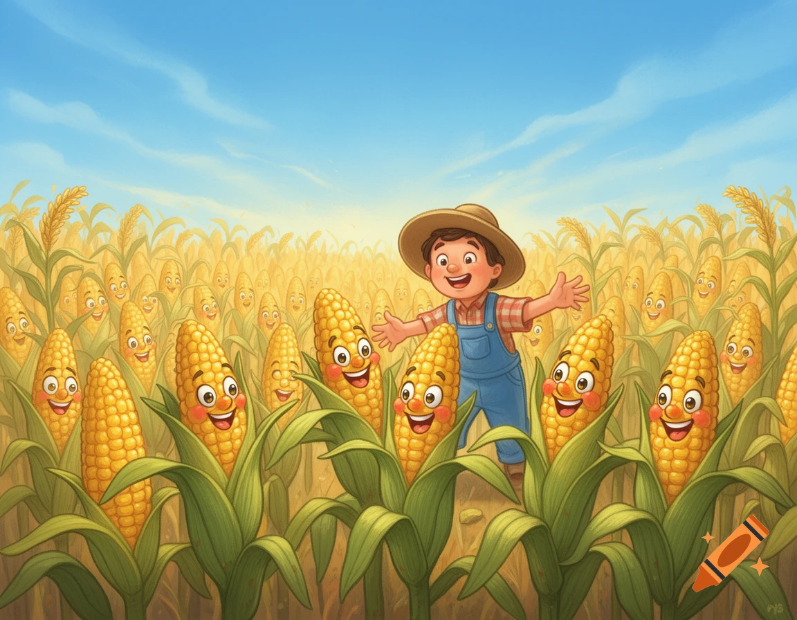 A happy farmer stands in a field of smiling, anthropomorphic corn in a bright children's book illustration style.