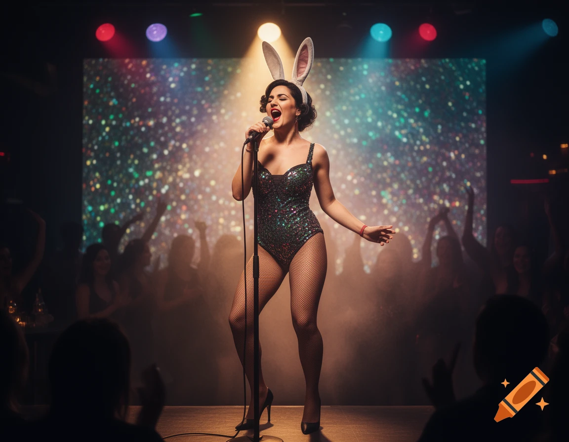 A woman in a sparkly bodysuit and bunny ears sings into a microphone on a dimly lit stage with a glittery background, performing for an audience.