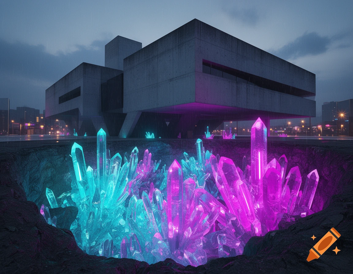 A brutalist building overlooks a pit filled with glowing cyan and magenta crystals in a synthwave style night cityscape.