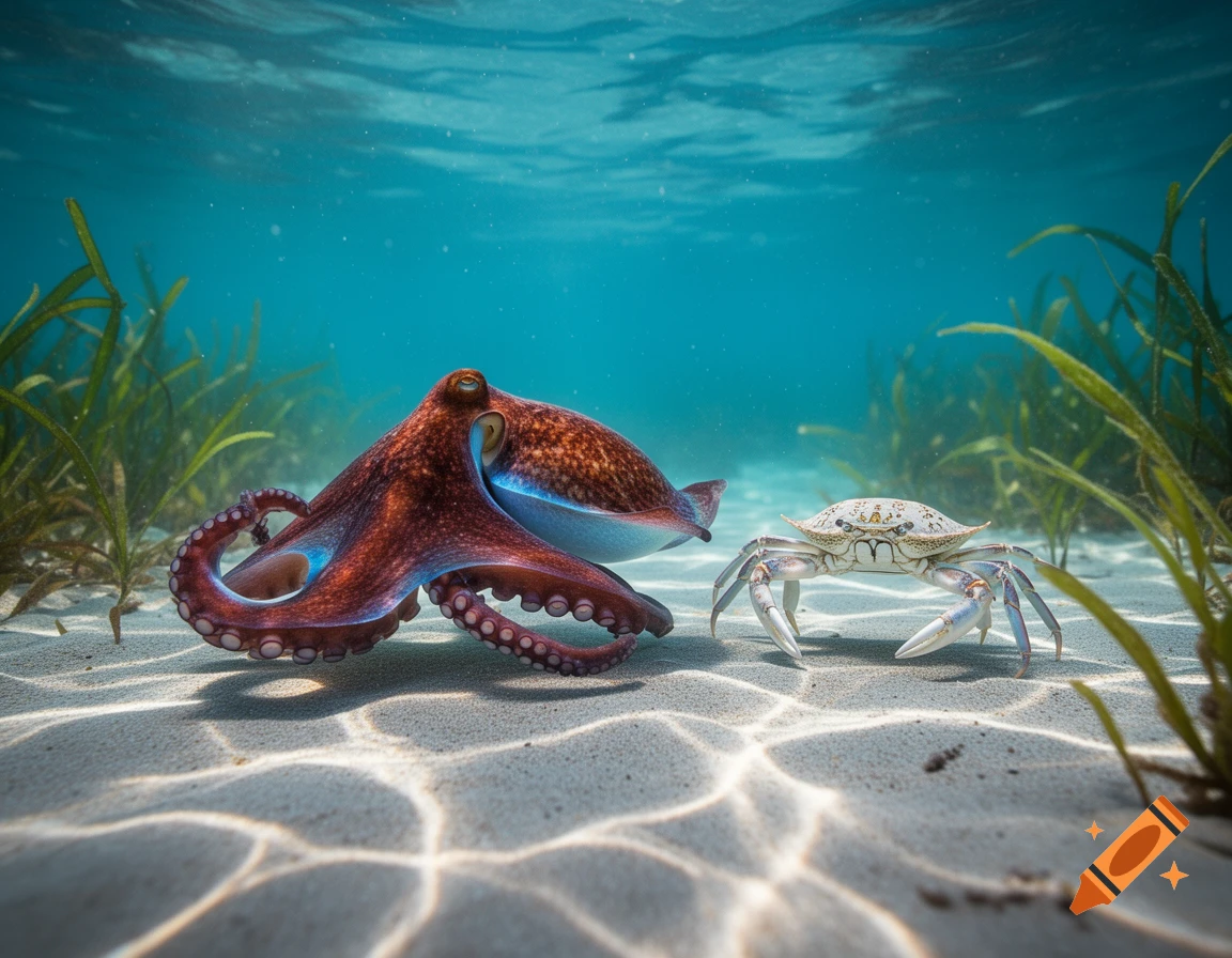 A vibrant red octopus and a white crab sit on a sandy ocean floor with green seagrass and dappled sunlight.