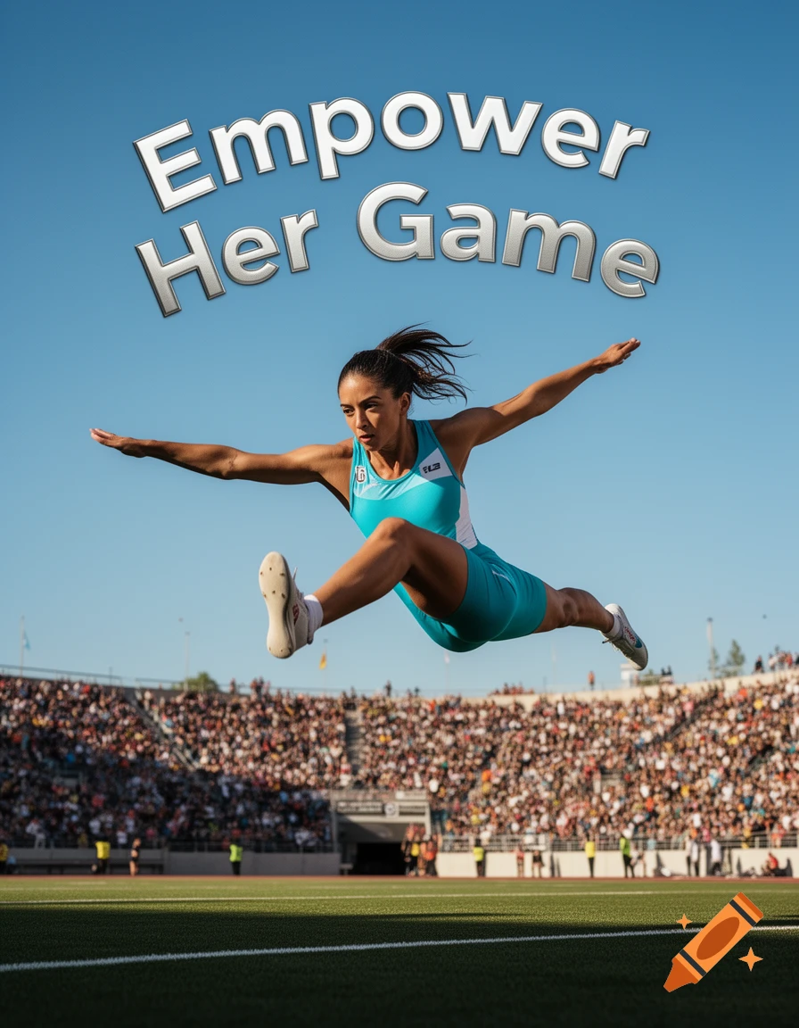 A female athlete in a turquoise uniform jumps mid-air on a sunny day in a stadium, with text "Empower Her Game" in the sky.