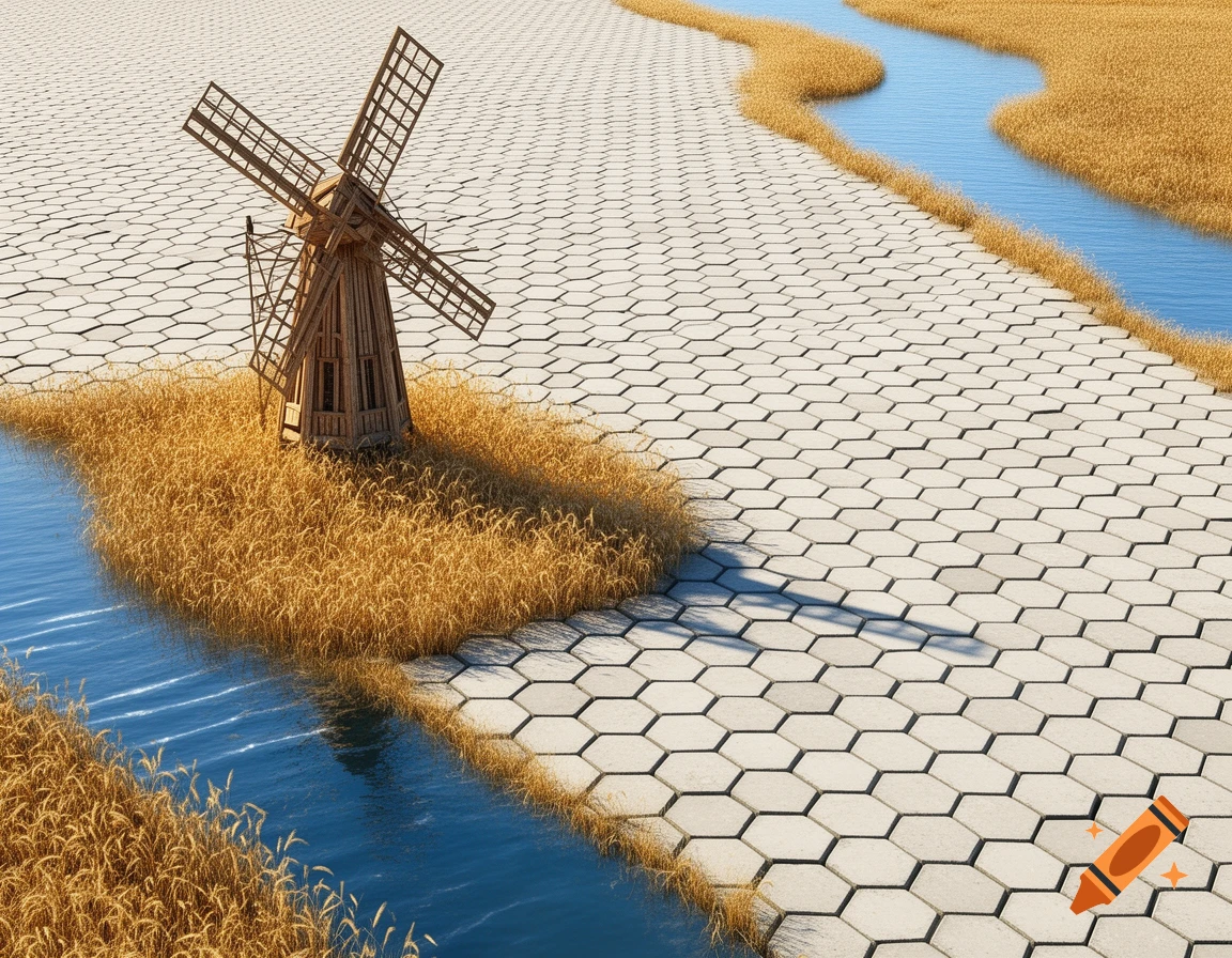 A wooden windmill stands amidst golden grain next to a blue river, on a landscape of hexagonal tiles.
