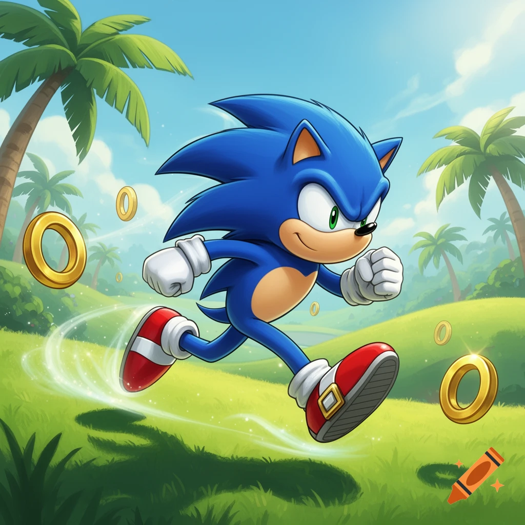 Sonic the Hedgehog runs through a vibrant grassy landscape with palm trees and golden rings in a cartoon style.