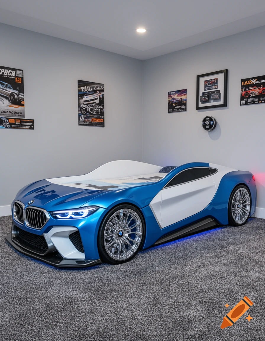 A blue and white BMW racecar-shaped bed sits on a gray carpet in a modern room with car posters on the wall.