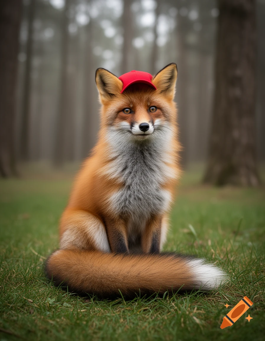 A photorealistic red fox wearing a red baseball cap, sitting in green grass with a misty forest in the background.